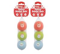 YöL Pack of 6 Festive Rubber Dog Balls 6cm Tough Chew Resistant Christmas Pet Toy Set with Blue Snowman Green Santa and Red Reindeer Designs Safe for Teeth and Gums