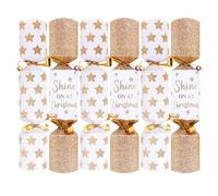 YöL Pack of 6 Mini White Gold Snowflake Family Christmas Crackers - 8.5" Metallic Glitter Festive Xmas Holiday Dinner Table Decorations - Novelty Fun Prizes Gifts Contains Hats Jokes