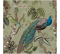 YöL Peacock Woods & Botanical Wallpaper - Sage Green Background with Tropical Leaves, Birds & Floral Detailing - Premium Mural-Style Feature Wall Design for Living Rooms, Bedrooms, Hallways