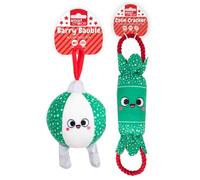 YöL Set of 2 Green - Squeaky Plush & Rope Christmas Bauble & Cracker Dog Toy - 25cm Festive Design - Soft Polyester with Internal Squeaker & Crinkle - Durable Rope Chew, Tug Of War & Fetch