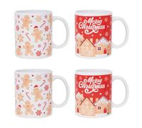 YöL Set of 4 Christmas Mugs Gingerbread Man Red White Festive Coffee Cups - Afternoon Tea Breakfast Dinner Hot Chocolate Drinking - Living Room Kitchen Table Homeware Gift