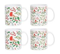 YöL Set of 4 Christmas Mugs Holly Robin Red Green White Festive Coffee Cups - Afternoon Tea Breakfast Dinner Hot Chocolate Drinking - Living Room Kitchen Table Homeware Gift
