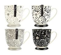 YöL Set of 4 Coffee Mugs Tea Cups Floral Swirl Grey Black White New Bone China Large 400ml