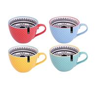 YöL Set Of 4 Mugs Bohemian Modern Design Embossed Mugs New Bone China Coffee Tea Cups Mug Set Stylish Trendy Boho Mixed Colours