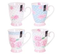 YöL Set of 4 New Bone China Mugs Floral Polka Dot - Blue Pink White - Coffee Cups Afternoon Tea Latte Cappuccino Home Kitchen Office Gift Mug Set