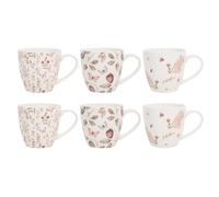 YöL Set of 6 Floral Strawberry Mugs, Bees Butterflies Design - 11 Ounce 340ml Tea Coffee Cups Latte Cappuccino Hot Chocolate Drinks - Home Kitchen Work Office Mug Set -New Bone China