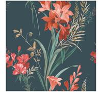 YöL Teal Floral Wallpaper with Coral Lily and Botanical Leaf Design, Bold Painterly Flower Pattern on Deep Teal Background, Statement Feature Wall Décor for Living Room Bedroom or Hallway