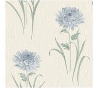 YöL Textured Floral Wallpaper Blue Chrysanthemum Blooms On Cream Background Sage Green Stems Classic Feature Wall for Living Room Bedroom Heavyweight Vinyl Roll