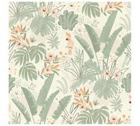 YöL Tropical Botanical Parrot Vinyl Wallpaper with Sage Green Palm Leaves and Soft Peach Floral Detail on Light Neutral Background for Living Room Bedroom or Feature Wall Decor