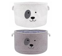 YöL White & Grey Collapsible Pet Toy Storage Basket with Rope Handles - Dog Face Design Soft Plush Fabric Material Puppy Blanket Accessories Organiser Living Room Bedroom
