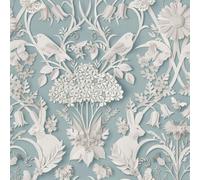 YöL Woodland Blue Wallpaper - Floral Leaves Flowers Rabbits Animal Print - Naturistic Stylish Feature Wall