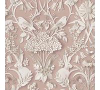 YöL Woodland Pink Wallpaper - Floral Leaves Flowers Rabbits Animal Print - Naturistic Stylish Feature Wall