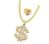 YOFAN 2-Pack Dollar Sign Necklace Ring Set Hip Hop Dollar Necklace Rhinestone Gold Chain Necklace for Men Women