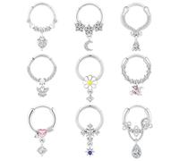 YOFANST 9pcs Septum Clicker 16G Stainless Steel Hinged Segment Ring Dangle Butterfly Heart Moon Star Planet Charm Nose Ring Hoop, Metal, cubic-zirconia