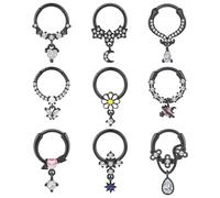 YOFANST 9pcs Septum Clicker 16G Stainless Steel Hinged Segment Ring Dangle Butterfly Heart Moon Star Planet Charm Nose Ring Hoop, Metal, cubic-zirconia