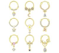 YOFANST 9pcs Septum Clicker 16G Stainless Steel Hinged Segment Ring Dangle Butterfly Heart Moon Star Planet Charm Nose Ring Hoop, Metal, cubic-zirconia