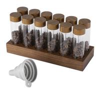 YOFAPA 12 PCS Single Dose Coffee Bean Storage Tubes, Glass Coffee Bean Cellars with Wood Base and Funnel, Sealed Airtight Dosing Glass Vials With Lids, Mini Coffee Beans Glass Bottle Jars