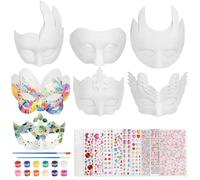 YOFAPA 24 Pcs Paper Mache Art Covers, White DIY Paper Covers with 10 Sheets Gem Stickers & 4 Sets Paints with Brushes, Paintable Masquerade Covers for Arts, Crafts, Parties, 6 Styles