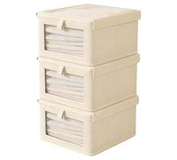 YOFAPA 3 Pcs Clothes Storage Boxes with Clear Window, 14.2 x 9.8 x 7.9 in Foldable Wardrobe Storage Organiser, Cotton Linen Closet Organizers Bins with Lids, Beige
