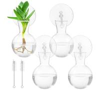 YOFAPA 4 Pack Glass Propagation Vases for Plants, Window Planters Hanging with 4 Suction Cups, 2 Brushes, Glass Plant Terrarium Vase, Home Decor for Water Cultivating, Unique Housewarming Present