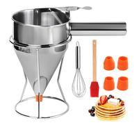 YOFAPA 40 oz Stainless Steel Batter Dispenser, 1.2 L Pancake Batter Dispenser with Stand, Batter Funnel with 4 Nozzles, Brush, Whisk, for Cupcake, Waffle, Crepes, Baking, Breakfast Prep
