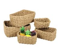 YOFAPA 5 Pcs Woven Storage Basket Set, Khaki Rectangular Wicker Baskets, Handwoven Versatile Organizer, Countertop Storage Bins for Home, Office, Different