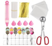 YOFAPA Cake Pop Maker Kit, Lollipop Treat Bag Set, Including 100 Lollipop Sticks, 100 Lollipop Wrappers, 100 Twist Ties, 1 Lollipop Stand, 1 Decorating Pen, 1 Meat Baller with Handle for Candies