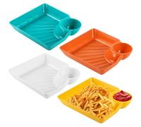 YOFAPA Chip and Dip Serving Platters, 4 Pcs Plastic Dumpling Plates with Dipping Saucers, Colorful Japanese Sushi Serving Trays, 7.1×6.5" Reusable Snack Dishes for Salad, Appetizer, Dessert