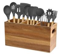 YOFAPA Large Wooden Utensil Holder, 3-Compartment Utensil Organizer for Kitchen, Farmhouse Natural Wood Storage Box, Cooking Utensil Caddy for Countertop