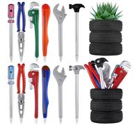 YOFAPA Novelty Tool Ballpoint Pens Set, 12 Pcs Creative Writing Ballpoint Pens with 2 Pcs Tire Shaped Pen Holders, Colorful Hardware Shape Pens, Black Ink Stationary Supplies for School, Office