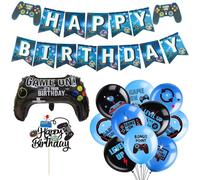 YOFAPA Video Game Birthday Decorations Set, Featuring 32-Inch Number Balloon, Gamepad Balloons, Cake Topper, Banner, and 18 Pcs Game Balloons for Boys Birthday Decoration