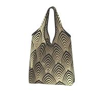 YOFIEN Art Deco Black Champaigne Gold Scales Seashells Foldable Tote Bag Reusable Large Capacity Shopping Bags
