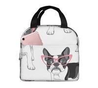 YOFIEN Black Frenchie Cartoon French Bulldog Pink Glasses White Dog Thickened Insulated Lunchbox Lunch Bag Reusable Leakproof