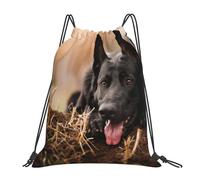 YOFIEN Black German Shepherd Lawn Bokeh German Water Drawstring Backpack Resistant String Bag for Women Men Sports Gym Sackpack