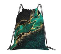 YOFIEN Black Teal Marble Green Malachite With Golden Veins Gold Spots Water Drawstring Backpack Resistant String Bag for Women Men Sports Gym Sackpack