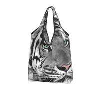 YOFIEN Black White Tiger Print Foldable Tote Bag Reusable Large Capacity Shopping Bags