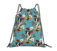 YOFIEN Boston Terrier Puppy Posie With Flowers And Bees Water Drawstring Backpack Resistant String Bag for Women Men Sports Gym Sackpack