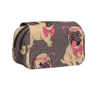 YOFIEN Cartoon Pug Puppy in A Glasses and in A Bow Tie Pencil Pouch Portable Double Layer Stationery Organizer