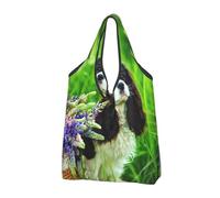 YOFIEN Cavalier King Charles Spaniel Dog Lupin Flowers Foldable Tote Bag Reusable Large Capacity Shopping Bags