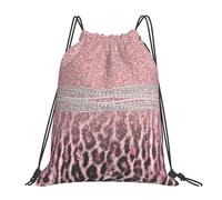 YOFIEN Chic Girly Pink Leopard Animal Print Glitter Water Drawstring Backpack Resistant String Bag for Women Men Sports Gym Sackpack