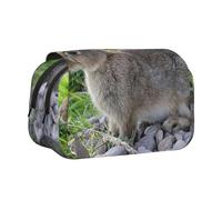 YOFIEN Cute Grey Hare Rabbit Pencil Pouch Portable Double Layer Stationery Organizer