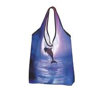 YOFIEN Dolphin Jumping Under Moonlight Printed Foldable Tote Bag Reusable Large Capacity Shopping Bags
