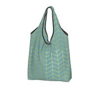 YOFIEN Herringbone Pattern Faux Gold Foil Teal Geometric Foldable Tote Bag Reusable Large Capacity Shopping Bags