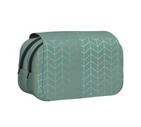 YOFIEN Herringbone Pattern Faux Gold Foil Teal Geometric Pencil Pouch Portable Double Layer Stationery Organizer