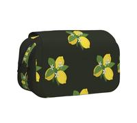 YOFIEN Lemon with Branch and Lilies Bouquet Black Pencil Pouch Portable Double Layer Stationery Organizer