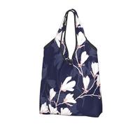 YOFIEN Navy Blue Magnolia Flowers Foldable Tote Bag Reusable Large Capacity Shopping Bags