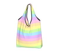 YOFIEN Pastel Rainbow Striped Foldable Tote Bag Reusable Large Capacity Shopping Bags