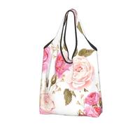 YOFIEN Pink And White Rose Foldable Tote Bag Reusable Large Capacity Shopping Bags