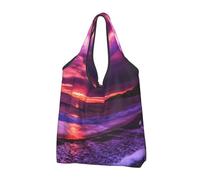 YOFIEN Pink Beach Sunset Printed Foldable Tote Bag Reusable Large Capacity Shopping Bags