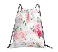 YOFIEN Pink Rose Flowers Water Drawstring Backpack Resistant String Bag for Women Men Sports Gym Sackpack